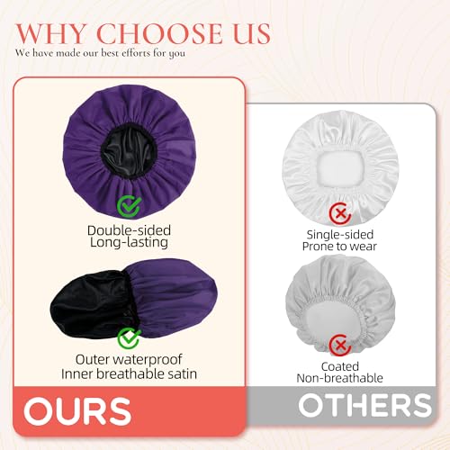 Extra Large Shower Cap for Women, Reusable Waterproof Shower Bonnet with Satin Lining, Double Layer Washable Bath Hair Cap for Braids, Locs, Long Thick Curly Hair, Natural Hair(Big Dark Purple) - color: Dark Purple