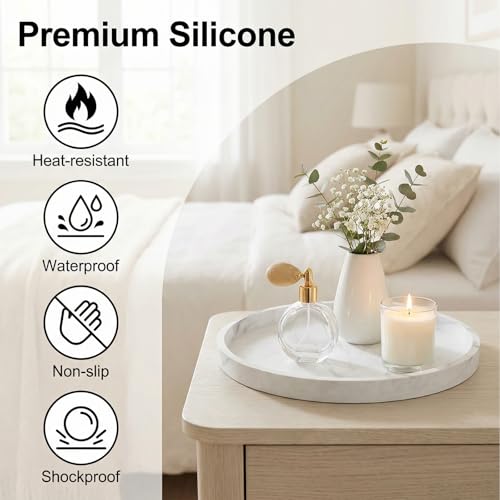 Round Tray Silicone Green, 10.6 Inch Bathroom Tray Countertop Decor, Vanity Trays for Bathroom Organizers, Waterproof Bathroom Tray for Counter, Decorative Coffee Table Tray - color: Marble White, size: 10.6"