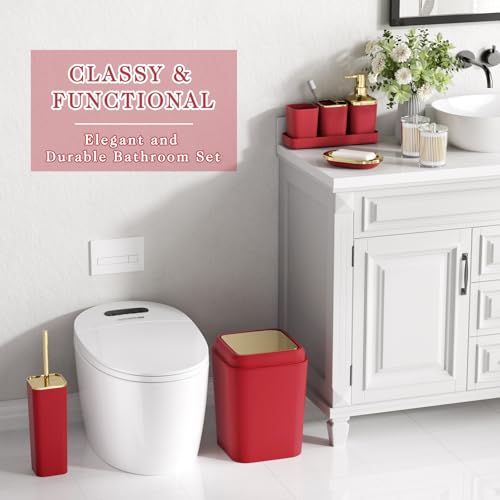 XLHOMO Bathroom Set - Burgundy Bathroom Accessories Set, Bathroom Sets with Shower Curtain and Rugs, Burgundy Shower Curtain Set with Bathroom Trash Can, Soap Dispenser, Soap Dish for Home Decor - color: Plaid Burgundy & Gold, size: Complete Set + Bath Ru