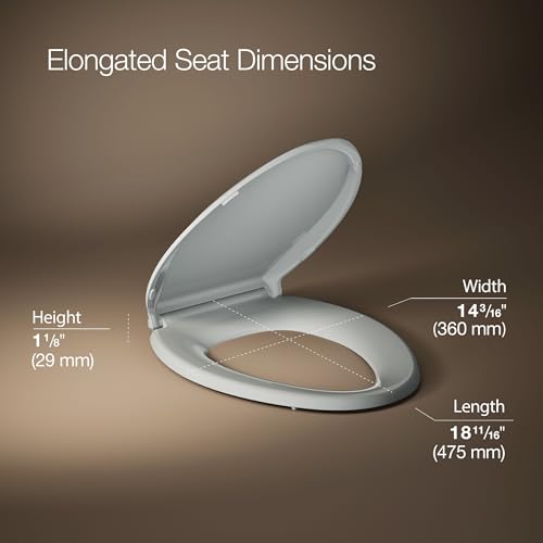 "KOHLER 4636-RL-95 Cachet ReadyLatch Elongated Toilet Seat Slow Close, Soft Close Toilet Seat Quiet Lid, Contoured Grip-Tight Bumpers Installation Hardware, Apartment Essentials, Ice Grey " - color: Ice Gray, size: Elongated