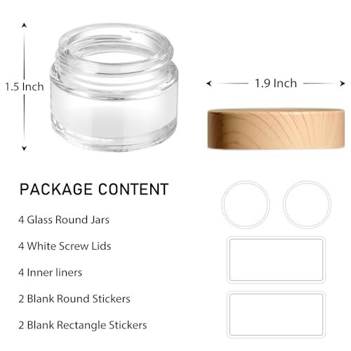 1 oz Glass Jars with Lids, Small Glass Containers with Plastic Woodgrain Lids & Inner Liners, Reusable Travel Containers for Creams, Makeup, Lotion, Cosmetic 4 pack - color: Clear-4 Pack-1oz