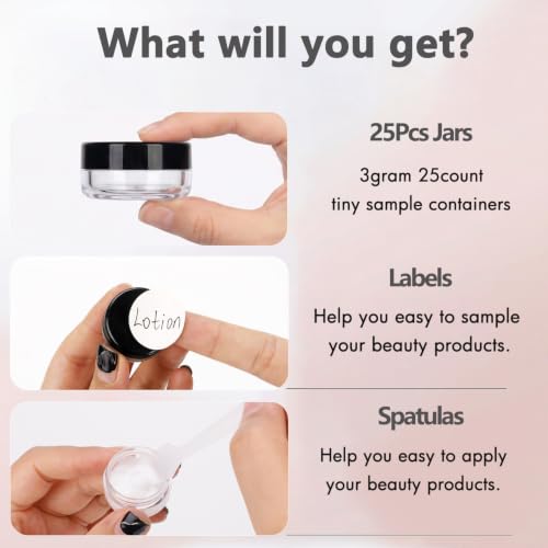 3 Gram Sample Jars with Lids, 25 Count Mini Cosmetic Containers - Makeup Travel Containers with Labels, Tiny Disposable Spatulas - color: Black