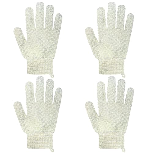 Exfoliating Bath Gloves 2 Pairs - Heavy Texture Body Scrub Gloves for Shower, Spa, Massage and Body Scrubs, Dead Skin Remover, Washing Gloves with Hanging Loop(Beige) - color: Beige