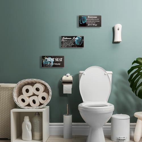 DONFENTHY 3 Pcs Blue Bathroom Rules Decor Rustic Farmhouse Wooden Best Seat in The House Rose Hanging Wall Art Bathroom Accessories for Toilet (Blue 10x5") - color: Blue 02