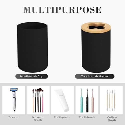 4 PCS Black Bathroom Accessories Set, Includes a Soap Dispenser, Toothbrush Holder, Soap Dish and Mouthwash Cup, Plastics & Bamboo Bathroom Set, Bohemian Style Bathroom Sink Set - color: Black, size: 4 PCS