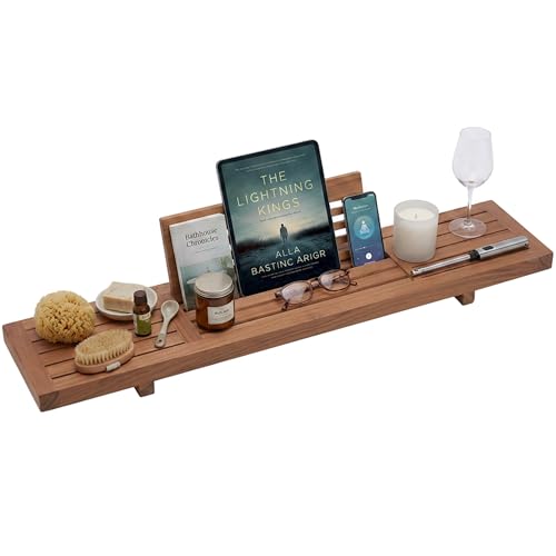AquaTeak 30" Manada Teak Bathtub Tray Caddy - Durable, Water-Resistant Bath Tray for Tub with Foldable Book & Tablet Stand - Fits Standard Soaking Bathtubs - Bathroom Accessories for Spa