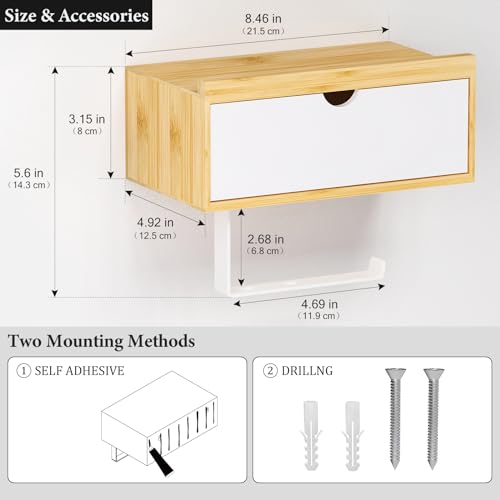 Domax Standard 8.46" Bamboo Toilet Paper Holder with Shelf and Storage Drawer - Wall Mount or Adhesive Bathroom Organizer for Tampons, Cotton Swabs, Wipes or More, White+Nature - color: Nature+white