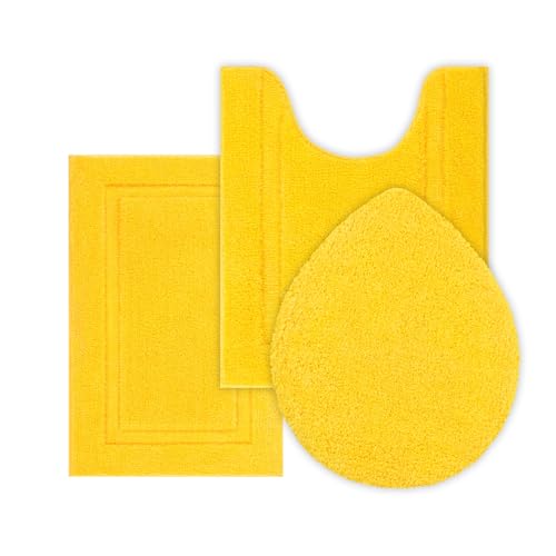 SHACOS 3 Piece Bath Rugs Set with Toilet Lid Cover Soft Absorbent | 16"x24" Small Bath Mats U Shape Contour Rug Toilet Cover Set Non Slip Machine Washable Plush Bathroom Rug(Yellow) - color: Yellow, size: 16"x24"+U-Shape 20"x24"+Lid Cover 19"x21"