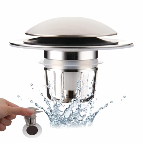 Brushed Nickel Bathroom Sink Stopper Replacement, Wellup Universal 2-in-1 Bathroom Sink Drain Stopper for 1 1/8"-1 1/2" Sink Drain Hole, Pop Up Sink Stopper Strainer with Hair Catcher - color: Brushed Nickel