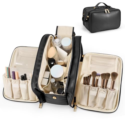 HauteHues Travel Makeup Bag Women's Large Capacity Cosmetic Portable Organizer Large Opening Waterproof Storage Toiletry Bags Vertical Free-Standing Brush Holder for Easy Access Black - color: Black