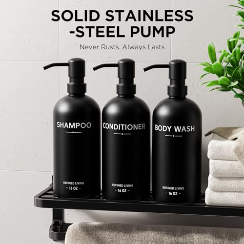 Shampoo and Conditioner Dispenser Set,3 Refillable 16oz Bottles with Stainless Steel Pumps – Shower Soap Dispensers for Bathroom, Hotel or Airbnb (Black, 3-Pack) - color: Black