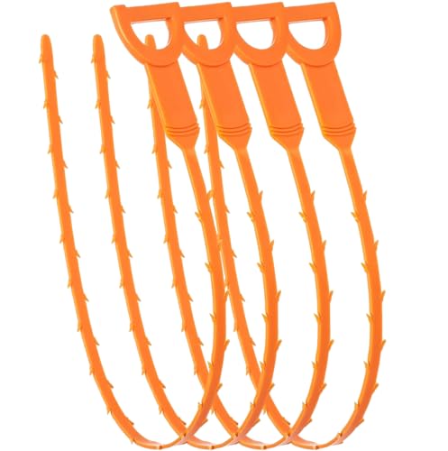 20 Inch Drain Snake Hair Clog Remover Orange Plastic 4 Pack | Barbed Design for Bathroom Tub Kitchen Sink Toilet Sewer Cleaning