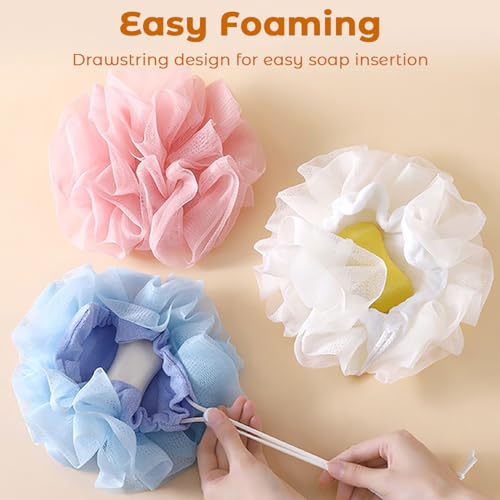 2 in 1 Loofah Sponges 2-Pack Dual-Sided Exfoliating Bath Sponges for Shower & Loofah Washcloth for Bar Soap Premium Body Scrubber with Drawstring for Gentle Skin Smoothing - Blue＆Beige - style: Blue＆Beige