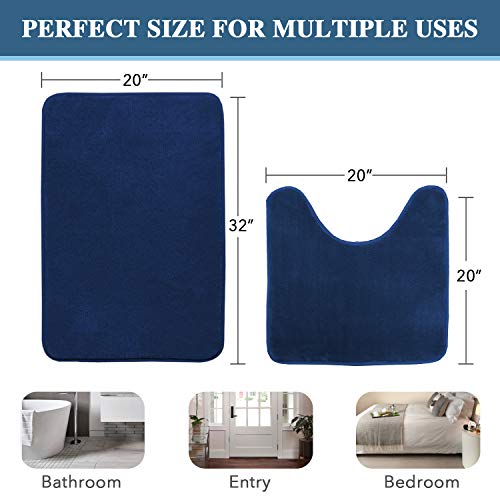 H.VERSAILTEX Bath Mat Memory Foam Set Bathroom Rug Set Flannel Velvety Bath Mat Luxury Extra Soft and Absorbent Non Slip Rugs for Bedroom Washable(Curved Set 20"x 32" Plus 20"x 20"U, Navy) - color: Navy, size: 20" x 32" Plus 20" x 20" U