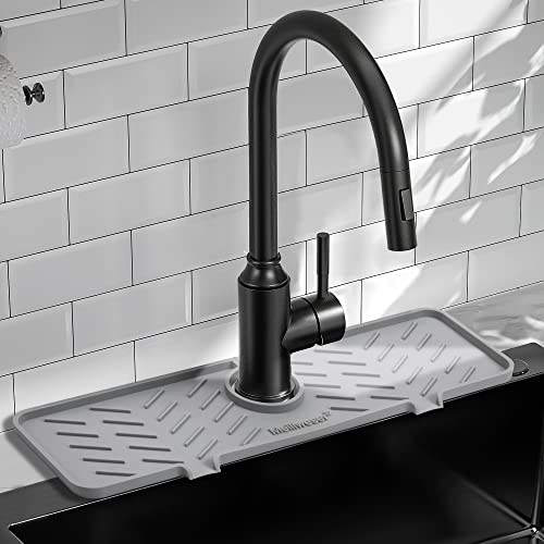Silicone Faucet Mat for Kitchen Sink – Gen 2 Splash Guard with Upgraded Outlet & Slope – 18” x 5.1” Water Catcher & Sink Sponge Holder for Kitchen and Bathroom (Gray) - color: Gray, size: 18 in