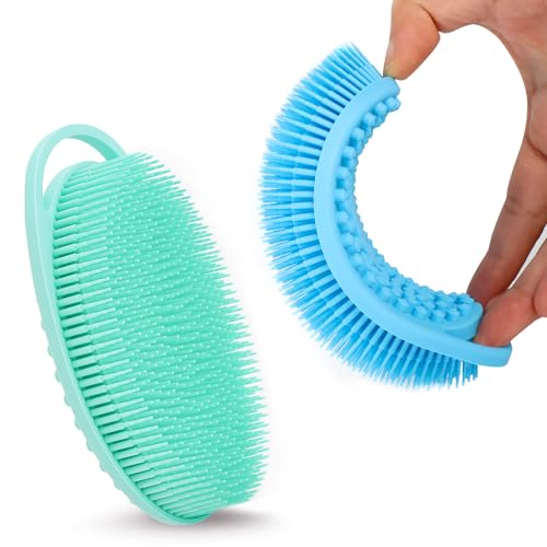 Silicone Body Scrubber for Shower – 2 Pack Soft Exfoliating Loofah Alternative, Gentle & Quick-Drying Silicone Body Wash Scrubber Brush for Sensitive Skin Women Men Kids (Blue & Green)