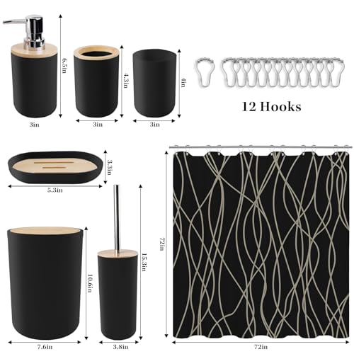 Britimes Bathroom Accessories Set, 19PC Black Shower Curtain Set with Trash Can, Soap Dispenser, Toilet Brush Holder, Toothbrush Holder and Toothbrush Cup for Bathroom Decor - color: Black2