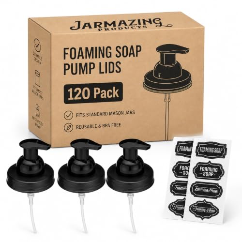 Jarmazing Products Mason Jar Foaming Soap Dispenser Lids - Includes Waterproof Stickers! Black - 120 Bulk Pack - color: Black, size: Pack of 120