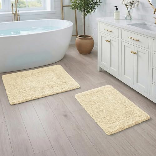 THE BEER VALLEY Set of 2 Reversible Bath Rug 21x32/17x24 Inch, Light Yellow | Cotton Absorbent Bathmat for Bathroom, Washable Toilet Throw Thick Mat - color: Light Yellow, size: 1'9" x 2'8" (Rectangular)