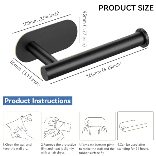 2 Packs Toilet Paper Holder No-Drill Self-Adhesive Towel Rack Stainless Steel Waterproof Rustproof Roll Paper Holder for Bathroom Washroom RVs (Black) - color: Black