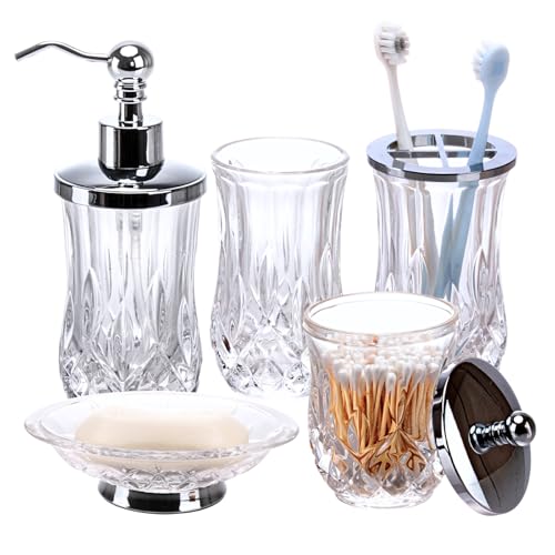 Bathroom Accessories Set,5 Pcs Clear Glass Bathroom Accessory Set,Complete Lotion Soap Dispenser,Toothbrush Holder,Soap Dish,Tumbler & Jar,Modern Bathroom Decor Sets Gift,Round - style: Round(Clear)