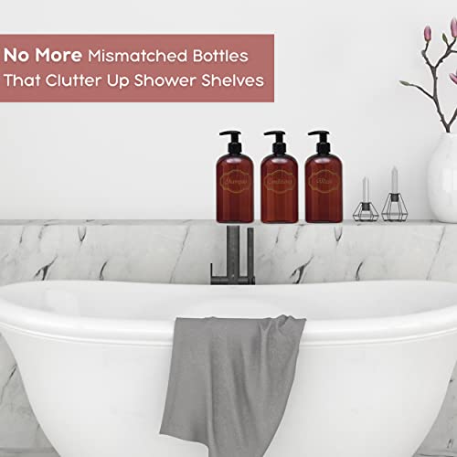 16 oz Plastic Shampoo Conditioner Wash Dispensers (Amber) | set of 3, pump bottles, high-viscosity, shower containers, lotion pumps - color: Amber/Gold/Black