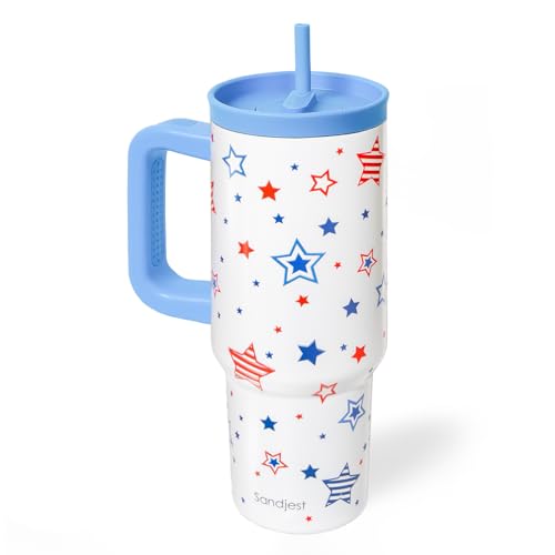 SANDJEST American Flag Stainless Steel Locking Lid Silicone Straw Tumbler with Handle 40oz, Insulated Stainless Steel Travel Cup for Women Girls Friends, Gift Idea for Birthday July 4th (Star) - color: American Flag 2
