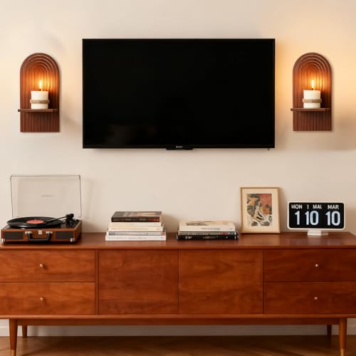 Mid Century Modern Candle Sconces: Set of 2 Walnut Boho Wall Candle Holder Decor for Living Room Fireplace - Arch Candle Shelf for Plants Pillar Candles - color: Walnut Color
