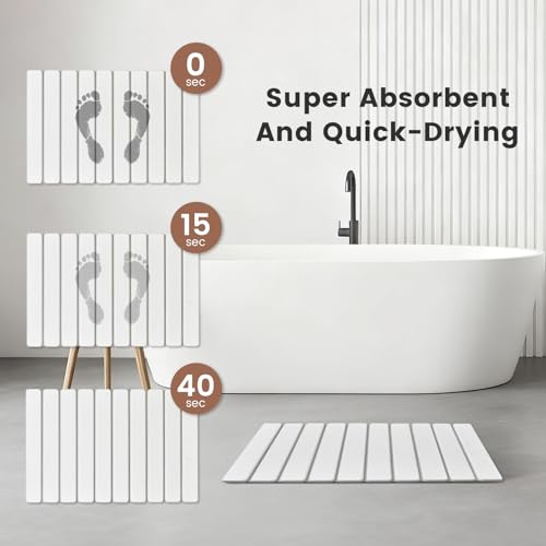 Super Anti-Slip Strong Absorbent Diatomite Pad, Stone Bath Mat 23.6 x 15.5 inches Quick-Dry Pad, Foldable and Easy to Store Bathroom Stone Bath Mat, Suitable for Bathroom, Easy to Clean - color: White