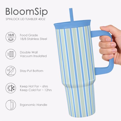SANDJEST Stripe Stainless Steel Locking Lid Silicone Straw Tumbler with Handle 40oz, Insulated Stainless Steel Travel Cup for Women Girls Friends, Gift Idea for Birthday Summer Vacation (Blue Mint) - color: Blue Stripes