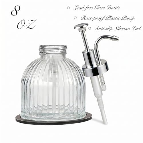 SheeChung 8 Oz Glass Soap Dispenser Bathroom, Clear Liquid Hand Soap Dispenser with Pump, Refillable Dish Soap Dispenser for Kitchen, Cute Modern Stripes Lotion Bottle, Shampoo (Silver Pump, 1 Pack) - color: Clear-silver Pump, 1 Pack