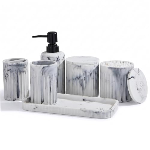 INIUNIK Bathroom Accessory Set, 6 Pieces, Marble White | Resin, Bathroom Accessories Set, with Soap Dispenser Set, Toothbrush Holders, Tumbler, Vanity Tray & 2 Qtip Holder - color: Marble White