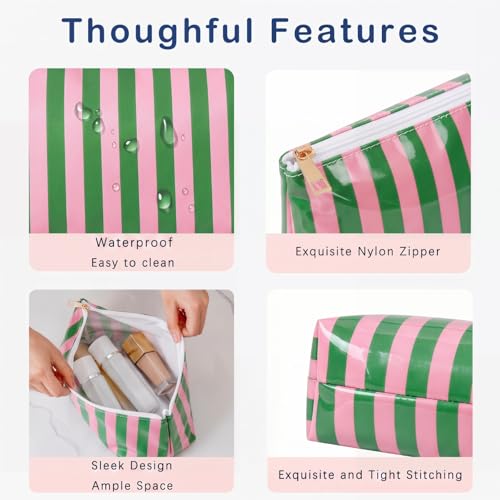 RSRSLEII Large Waterproof Travel Stripe Makeup Bag,Aesthetic PVC Toiletry Bag,Coquette Cosmetic Bag Organizer,Cute Preppy Carry-on Travel Accessories Essentials for Women Girls(01Pink Green) - color: 01Pink Green