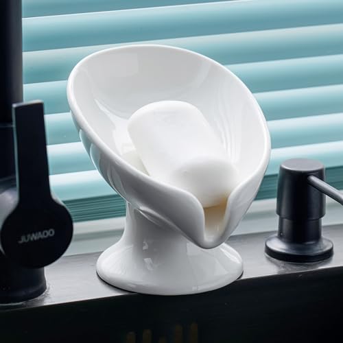 Agyiuns Soap Dish, Soap Holder Self Draining Leaf Shape Soap Dishes，White Ceramic Draining Soap Tray for Shower, Bathroom Sink, Kitchen (Large Size-White, 1) - color: Large Size-white