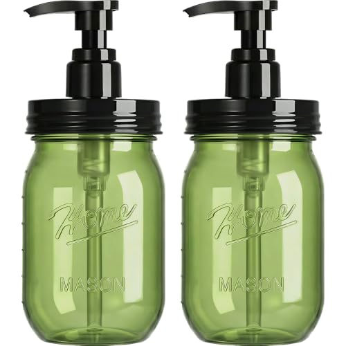 Amolliar Plastic Mason Jar Soap Dispenser with Pump Lid,16OZ Refillable Hand Soap Dispenser Set with Cute Lables - Farmhouse Decor for Kitchen Bathroom, Liquid Soap, Dish Soap, Lotion (2 Pack, Green) - color: Green Jar With Black Pump