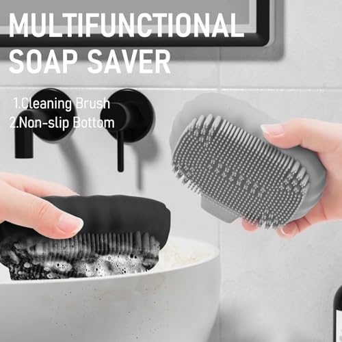 Silicone Soap Dish with Drain 2 Pcs, Anti-Slip Bathroom Bar Soap Holder Dishes Self Draining Waterfall Saver Plate for Shower Sink - Unique Bottom Brush Easy Dry & Clean (Black +Lavender Grey) - color: Black + Grey
