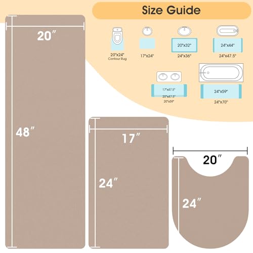 ACCUMTEK Non Slip Bath Mat, Thin Bathroom Rugs Fit Under Door, Quick Dry Bath Mats, Machine Washable Bath Rugs for Bathroom, Bathtub & Kitchen, Bathtub & Kitchen, Taupe/Solid/3 Piece - color: Taupe, size: 24"x17"+48"x20"+U Shape 24"x20"