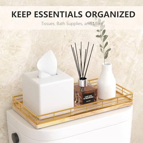 Toilet Paper Basket Organizer, Oak Wood Toilet Tank Tray with Metal Frame | Bathroom Counter Top Storage for Toilet Paper, Wipes & Decor, Modern Narrow Back of Tank Shelf Organizer, Gold & Natural Oak - color: Gold & Oak, size: 13" x 6.5" x 2"