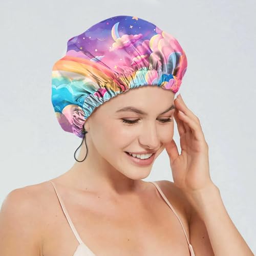 2 PCS Shower Cap Reusable Waterproof Double Layers Hair Caps Shower Bath Adjustable Elastic Hat for Women Girls Cute Aesthetic-Pink Cloud Mandela - color: AI17-Pink Cloud Mandela