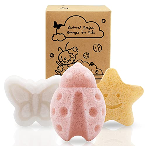 myHomeBody Konjac Sponge, Bath loofah, 3pc, Butterfly, Ladybug, Star | Natural Safe Plant-Based, Cute Shapes Bath Sponge for bathing, Shower Sponge for bath, Body Loofah, Shower Loofah, Face Luffa - color: Ladybug,butterfly,star