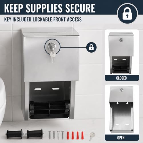 Commercial Toilet Paper Dispenser - 304 Stainless Steel Double Roll Holder - Heavy Duty Lockable Wall Mount Tissue Dispenser for Restroom - Metal Bathroom Fixtures