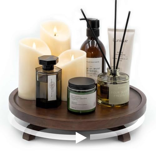 12" Solid Wood Lazy Susan Turntable Organizer for Cabinet, Pantry, Kitchen Countertop - Farmhouse Style with Raised Feet & Water-Resistant Coating, Rustic Bathroom Vanity Tray and Dining Table Decor - size: 12 Inch