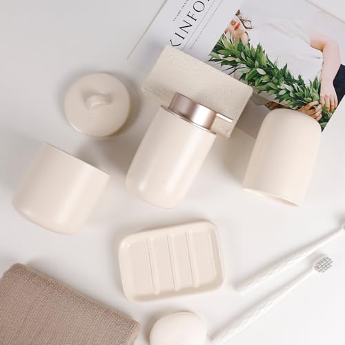 BosilunLife Ceramic Bathroom Accessories Sets Complete Bathroom soap Dispenser and Toothbrush Holder Set (Apricot-Liquid) - color: Smooth-apricot-liquid
