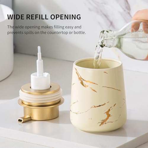 Enra Ceramic Foaming Soap Dispenser -12oz Modern Foam Gold Hand Soap Dispenser Bathroom, Refillable Dish Wash Soap Bottle for Kitchen with Large Pump(Gold Foam Type-Beige) - color: Gold Foam Type-beige