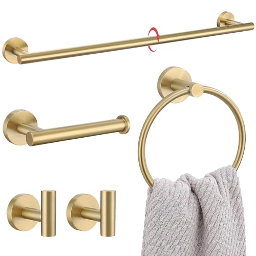 Lairuier 5 Pieces Brushed Gold Bathroom Accessories Set, 23.6 Inch Bath Towel Bar Set, SUS304 Stainless Steel Bathroom Hardware Set Round Toilet Paper Holder Set Wall Mounted - color: Brushed Gold, size: 5-Piece Standard Set