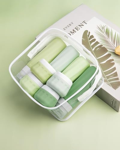 Mrsdry Travel Size Toiletries 10 Pack, TSA Approved 3oz & 1oz Silicone Refillable Containers with Clear Travel Bag - color: Water Green, size: 3oz bottle 1oz jar