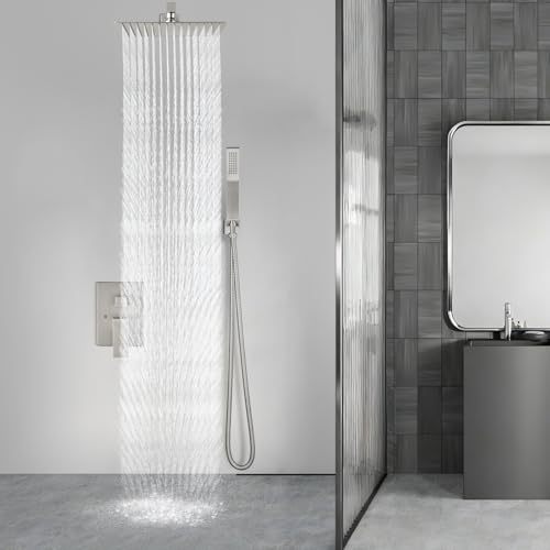 Aolemi Shower Faucet Set Rain Shower System with Handheld Spray Bathroom Shower Combo Rough-in Valve and Shower Trim Kit Included Brushed Nickel 16 Inch Wall Mount Shower Head - color: Brushed Nickel, size: 16 Inch Wall Mount Shower Head