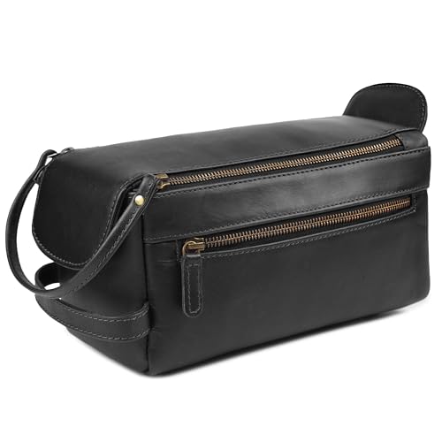 Full Grain Leather Toiletry Kit for Men & Women – Travel Toiletries & Shaving Bag Organizer, Water-Resistant Grooming Case for Bathroom, Makeup & Cosmetic Storage - Midnight Black - color: Matte Black
