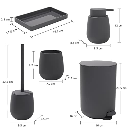 GAHEFY Grey Bathroom Accessories Set with Small Trash Can 3 Liter/0.8 Gallon,Toothbrush Holder,Soap Dispenser,Vanity Tray,Toilet Bowl Brush and Holder Grey 5PCS - style: grey 5 pcs