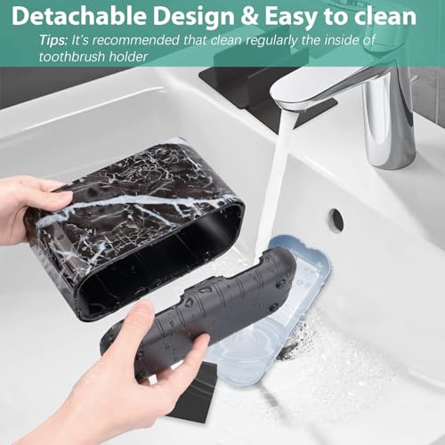 Boperzi Black Toothbrush Holder for Bathroom Toothpaste Organizer Countertop, Detachable Anti-Slip Marble Toothpaste Storage Caddy 6 Slots with Drainage Holes for Makeup Brush Razor Stand - color: Black Marble Color
